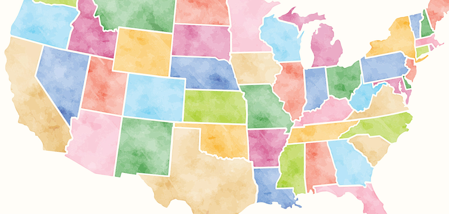 US map watercolor multicolor states