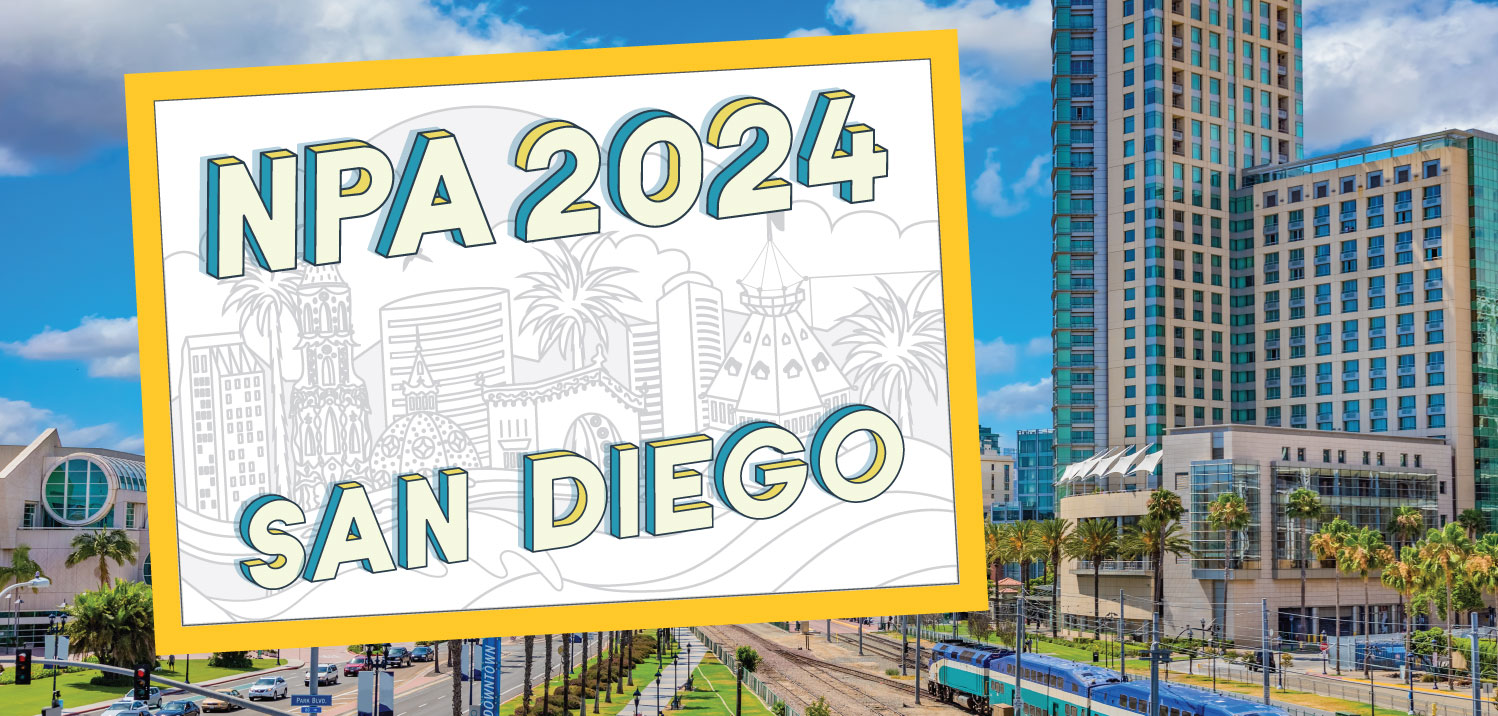 Annual conference postcard overlaying San Diego downtown photo