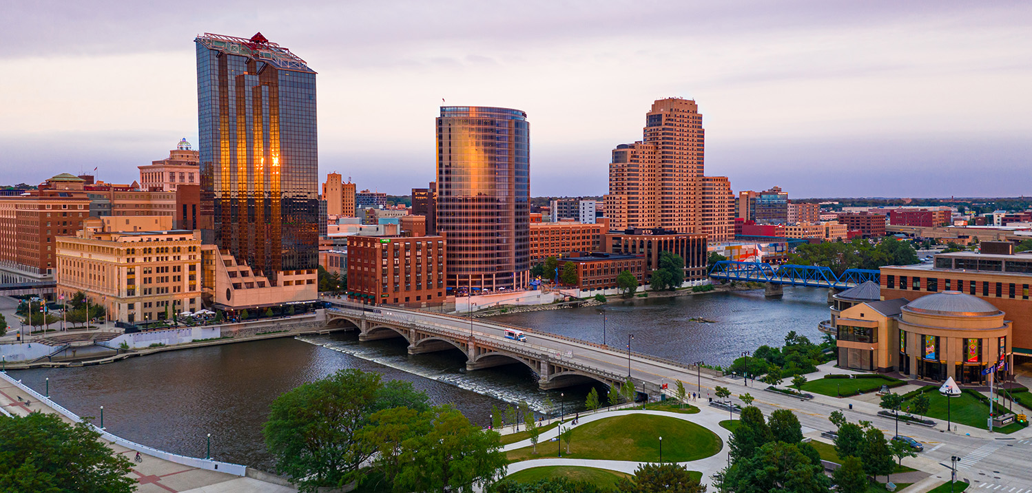 Grand Rapids, Michigan, at dusk. Aerial shot.