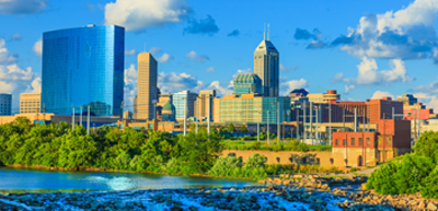 Indianapolis skyline by river getty image