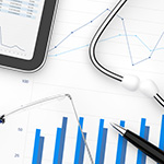 Medicare payment collage with bar chart, tablet, stethoscope