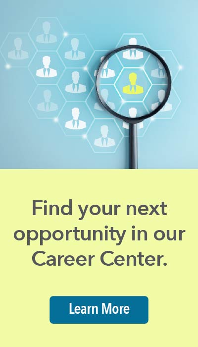 NPA Career Center ad with blue and yellow illustration showing a magnifying glass over a yellow person icon.